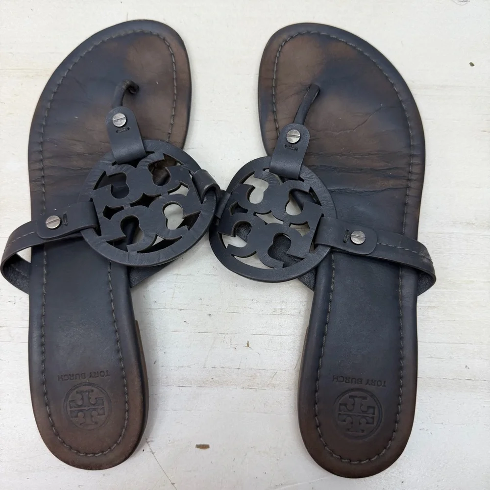 Tory Burch Dark Grey Leather Miller Sandals 9.5